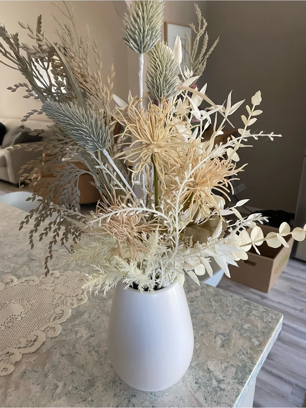 Neutral Faux Floral Arrangement in Ceramic Cream Vase